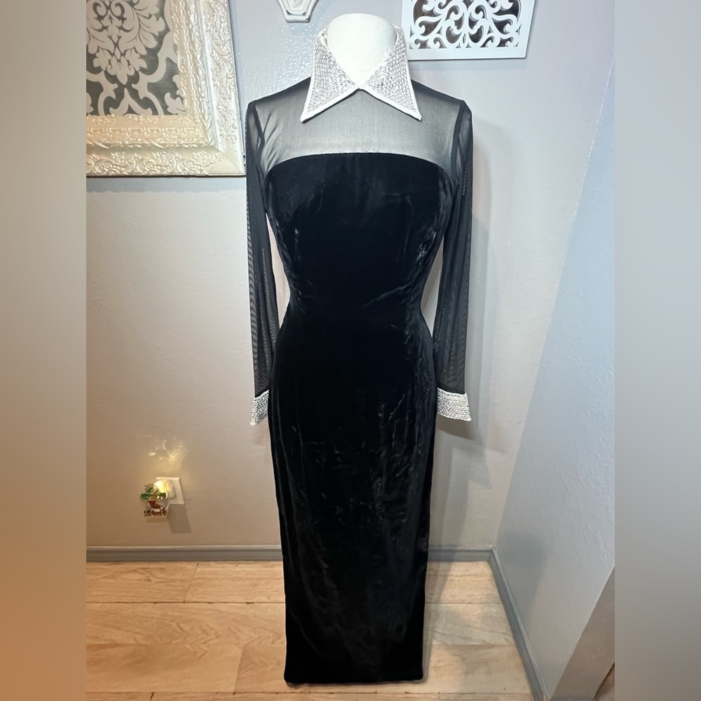 Michael Casey Black Velvet Dress with Sheer Sleeves and Crystals - Picture 3 of 15